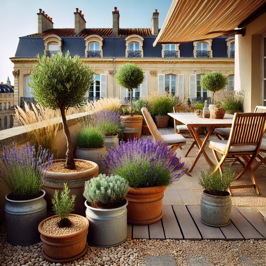 Jardin sec avec lavande et pierres naturelles